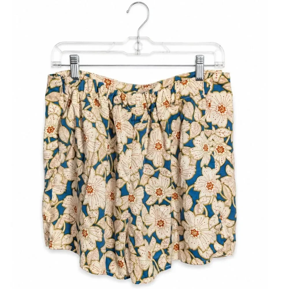 Anthropologie Floral Wrap Shorts XS Blue & Cream Tie Waist Boho Cottagecore - Picture 2 of 6